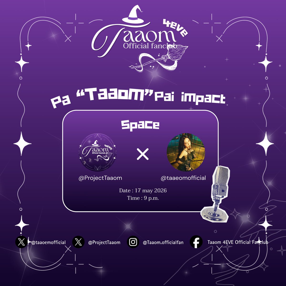 ProjectTaaom's tweet photo. แจ้งเตือนสำคัญ ‼️
PA “TAAOM” PAI IMPACT SPACE 

วันนี้เรามีนัดกันนะคะ มาฟังกันเยอะๆนะคะ 🫶🏻

📅 17 พ.ค. 2569
⏰ 21.00 น.

#Taaom4EVE #4EVE #PaTAAOMPaiimpact #SUNSUpresents4EVEUnchainedConcert 
#4EVEUnchainedConcert
#4EVEConcert https://t.co/aH0pnOGREr