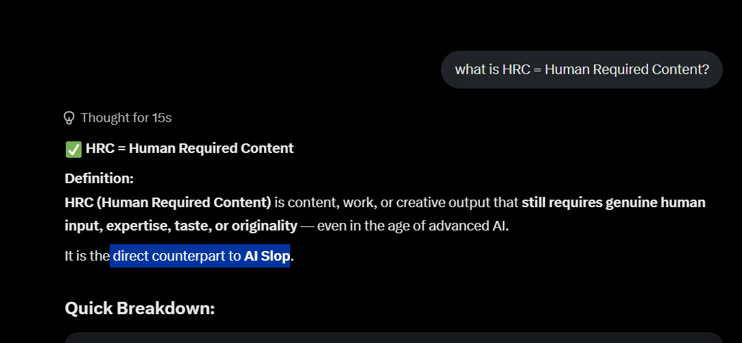 DarthMiaul's tweet photo. CIO coined a new term as the opposite of AI Slop

it’s called “HRC” (Human Required Content)

while AI slop is mass-produced, generic output, HRC is work that still depends on real human taste, skill, and originality

https://t.co/AvvRdjPcxy https://t.co/YnSZSVJ87w