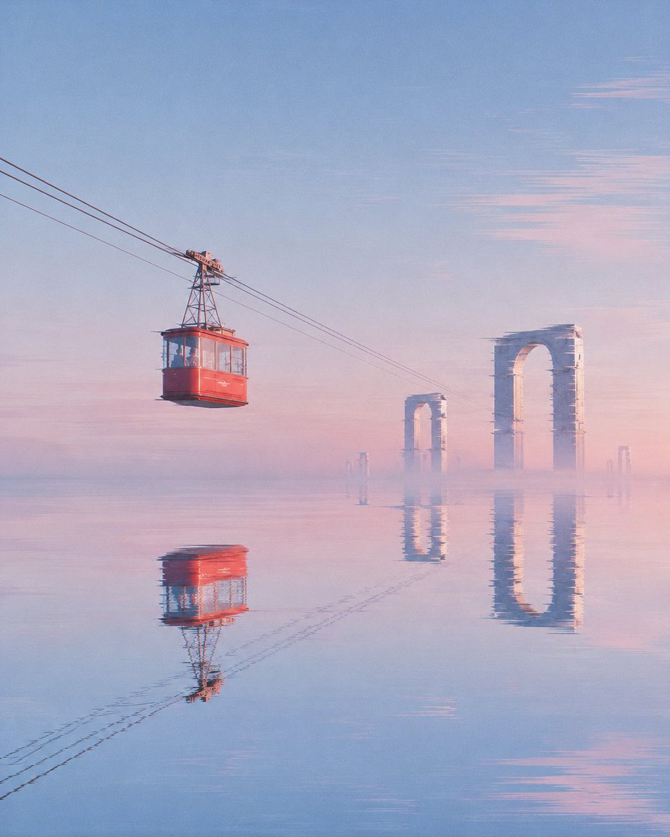 Red Cable Car Over Misty Water