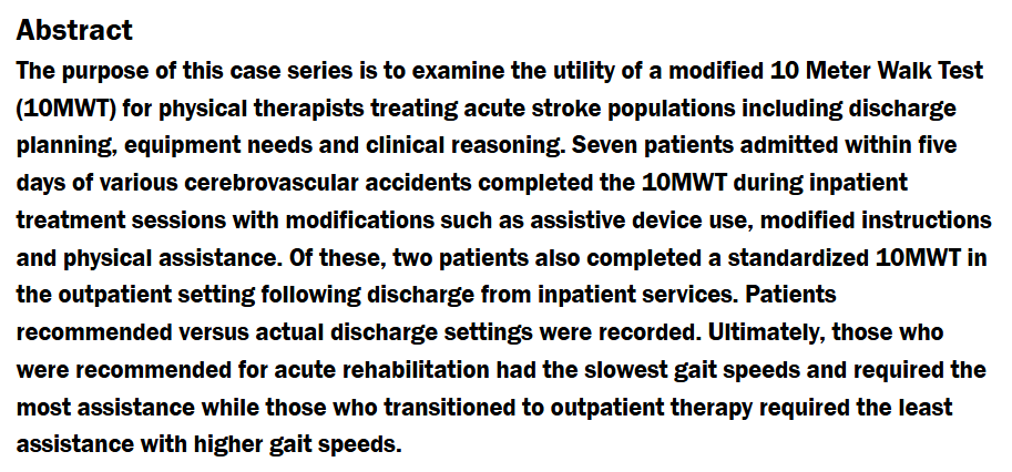 PacificJHealth's tweet photo. "Investigating the Clinical Relevance of a Modified 10 Meter Walk Test for Physical Therapists in the Treatment of Acute Stroke Populations:

Insights from a Case Series"

by Sarah Rowe, Gwen Juha, Joy Williams @sunsopeningband @aboutKP @UOPacific

https://t.co/7fq5i8QDZw https://t.co/IOl7XbfbOJ