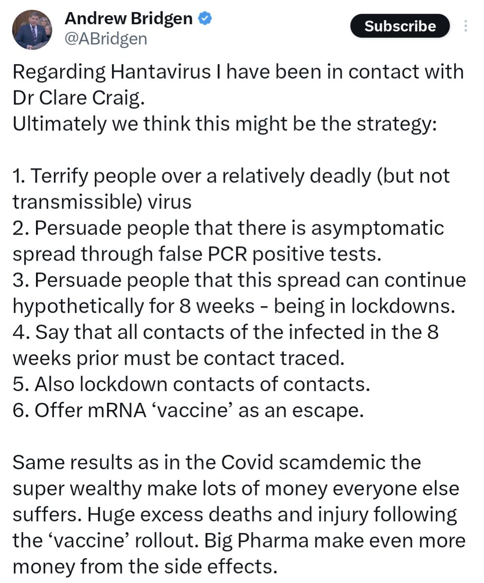 _johnbye's tweet photo. Andrew Bridgen and HART's Clare Craig have concocted a bizarre scenario where "86% false positive" PCR tests will be used to bring back lockdowns and mass vaccination.
Literally the only ones suggesting that the Hantavirus outbreak will come to this are conspiracy theorists. ๐คทโโ๏ธ https://t.co/64boch0K83
