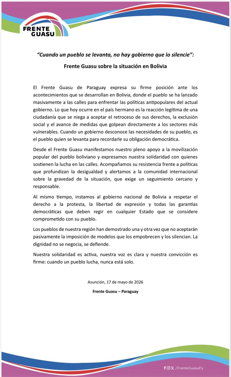 rrii_fg's tweet photo. ¡SOLIDARIDAD CON EL PUEBLO BOLIVIANO!

▪️El Frente Guasu de Paraguay expresa su firme posición ante los acontecimientos que se desarrollan en Bolivia, donde el pueblo se ha lanzado masivamente a las calles para enfrentar las políticas antipopulares del actual gobierno. https://t.co/sT3aIMaHMF
