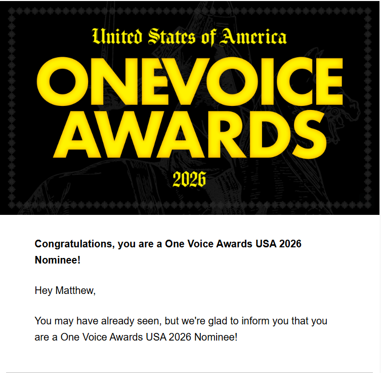 MattJohnVO's tweet photo. I'm honored and elated to announce that I've been nominated for an OVC Award from the committee at @OneVoiceConf!

My voiceover work on @weatherchannel's "Katrina 20" is up for Best Overall Performance in TV Documentary/In-Show Narration!

This is also my first award nomination! https://t.co/D2Coprxa0f