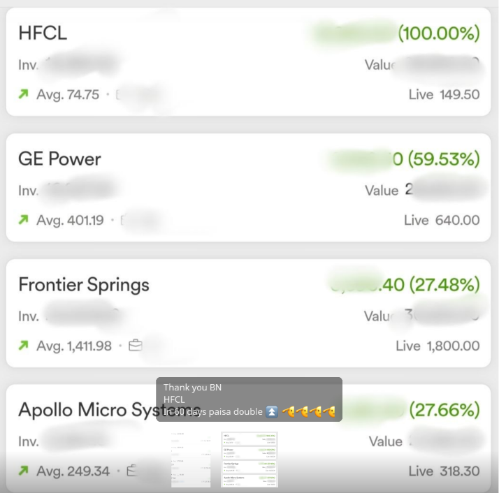 BhartiyNiveshak's tweet photo. Nazish ji, PRO PRO member for close to two years, enjoying big gains from
#HFCL 2X in 60 days
Kwality Pharma #KPL 70%
#Fredun Pharma 61%
GE Power #GVPIL 60%
#Indotech 56%
#DATAPATTNS Data Patterns 49%
#FRONTSP rontier Springs 27%
#Apollo Micro Systems 27%
And many more ...
Ask him how he picked them - https://t.co/kWyT5BkUv8
