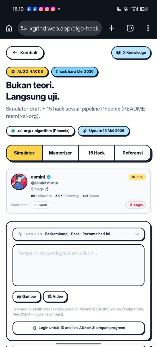 asministratur's tweet photo. Reach konten kalian anjlok abis update Algoritma X? dan gue baru sadar kenapa 😫

Jadi, gue bongkar data dari Phoenix LLM X, dan nemuin pola yang bikin reach naik 3x lipat biar FYP
 
Gue bikin toolsnya. FREE. Kalian bisa cobain.

Lo sendiri udah coba optimasi konten belum? https://t.co/S4XfTkOOG2