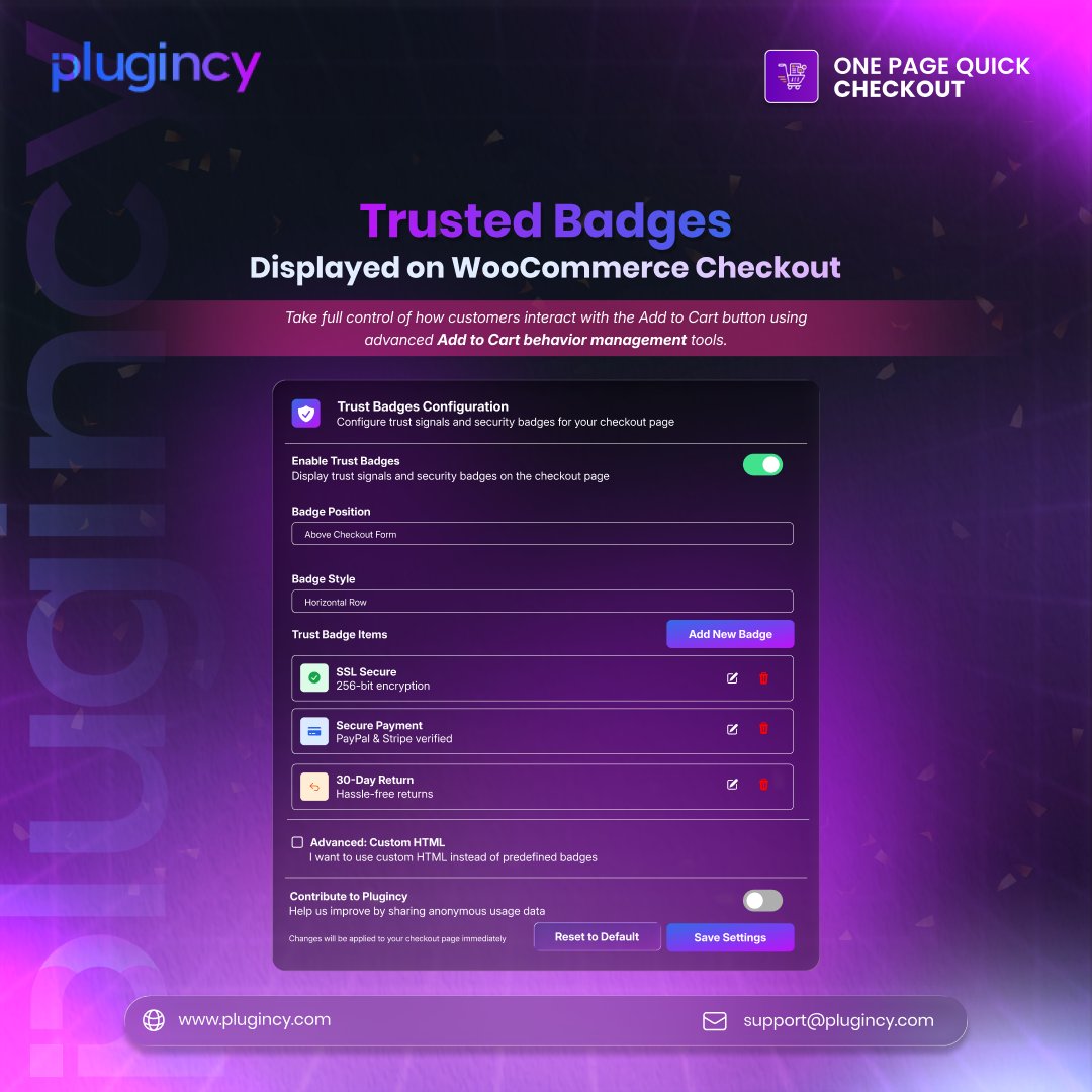 plugincy's tweet photo. 🔒 Build more trust at checkout with Plugincy

🛡️ SSL secure badges
 💳 Trusted payment icons
 ⚡ Smoother checkout flow
 📱 Mobile-friendly experience

👉Checkout our plugin: https://t.co/RpSvrjf4cG

#Plugincy #WooCommerce #OnePageCheckout https://t.co/pBbmkvc4WH