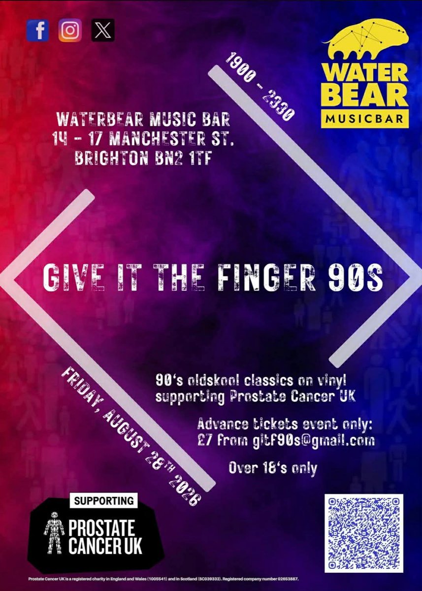 gitf90s's tweet photo. @gitf90s is at WaterBear Music Bar, Brighton, BN2 1TF on Friday 28th August, bank holiday wknd dropping classic 90's flavours. Over 18's and advance tickets only event. Message gitf90s@gmail.com for tickets: only £7 each. All proceeds to @ProstateUK. Awakening awareness 🎶 https://t.co/QODAc3vPv9