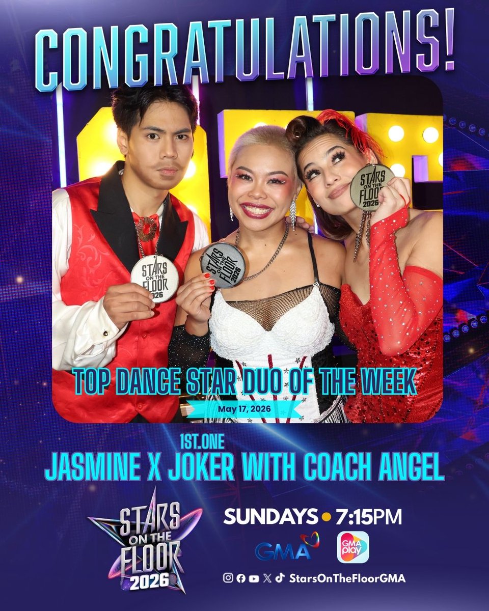 SOTF_GMA's tweet photo. Congratulations to the Top Dance Star Duo for #SOTFCoachCollab, Jasmine and https://t.co/4RUhrrorMu Joker with Coach Angel! 🤩👏

#StarsOnTheFloor | Sundays, 7:15 PM
#SOTFCoachCollab #JasmineCurtisSmith #1STONE_JOKER #CoachAngel https://t.co/YhsNUdvf0c