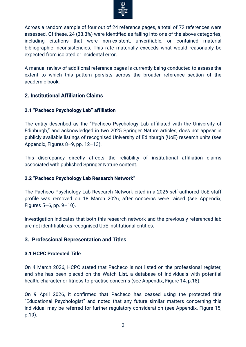 ForensicPIOrg's tweet photo. PART II: Executive summary outlining the reference integrity audit of Pacheco’s book, institutional affiliation discrepancies, professional title claims including unauthorised use of a protected title, and anonymous senior lecturer endorsement material.

🔗https://t.co/TpwGmN3ty1 https://t.co/VxeDujuMIl
