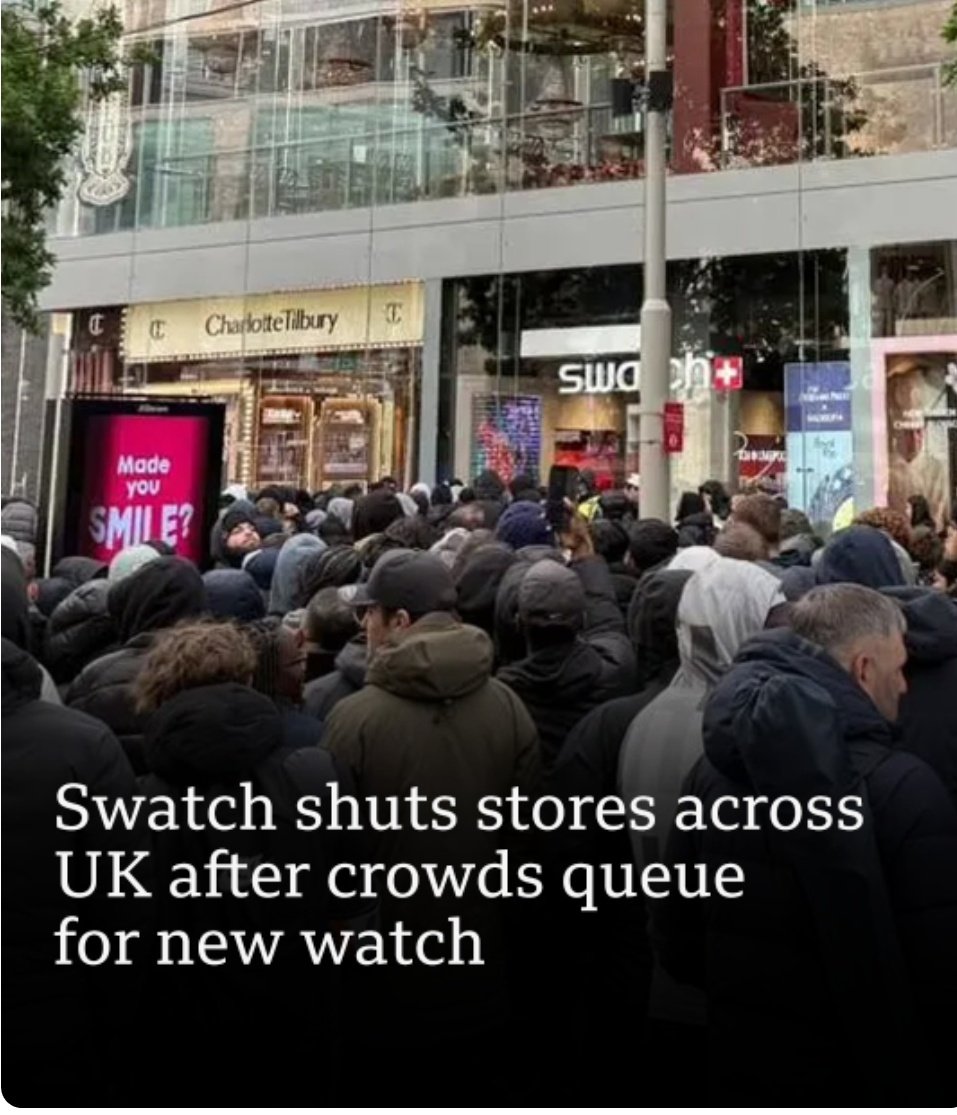 chinnybeauty51's tweet photo. Swatch has closed its stores in cities across the UK after hundreds of people queued outside branches eager  to buy a new limited edition watch

#Uk 
#trendingsnow https://t.co/WDFSzd7oVZ