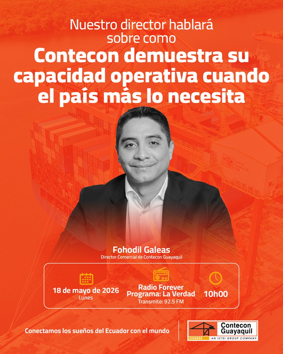 ConteconGYE's tweet photo. Cuando el país más necesita que el comercio no se detenga, la operación portuaria se vuelve clave. ⚓️🇪🇨
Te invitamos a escuchar a nuestro Director Comercial, Fohodil Galeas, conversando sobre cómo Contecon garantiza la continuidad del comercio exterior del Ecuador. https://t.co/5j1hXYMTMh