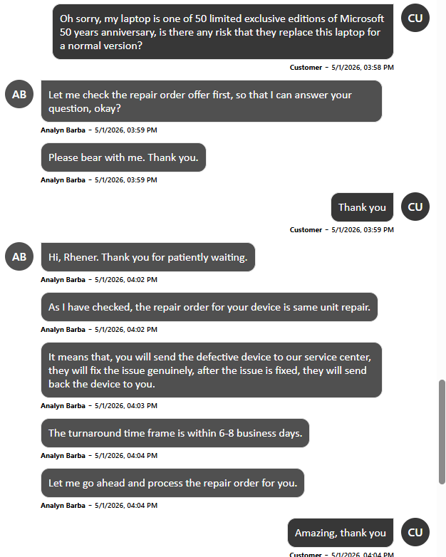 MrRhener's tweet photo. @surface @MicrosoftHelps @MicrosoftUK I need help.

I won one of the 50 Microsoft 50th Anniversary Surface Laptop. Before repair, I asked if it could be replaced with a normal unit and was told in writing it was a “same unit repair”.

I got a standard replacement instead. https://t.co/6WIskyo19Z