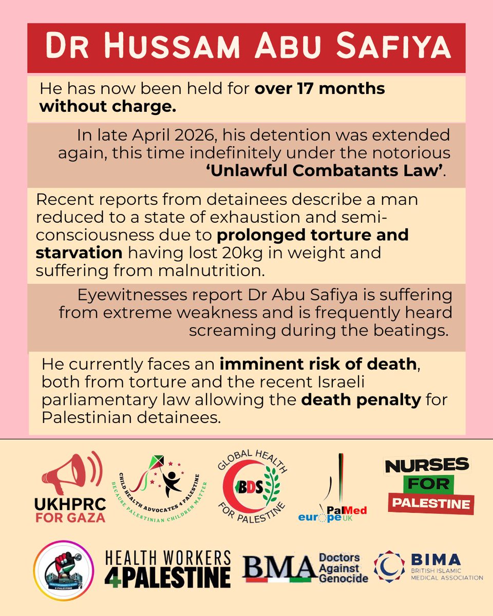 ukhprc's tweet photo. 📣 Healthcare workers and advocates are calling on the Royal Colleges to demand the release of Dr Hussam Abu Safiya.

Join Child Health Advocates4Palestine, UK Healthcare Petitions to Royal Colleges (UKHPRC), and allied health activist groups in taking action https://t.co/80y00tXHsZ