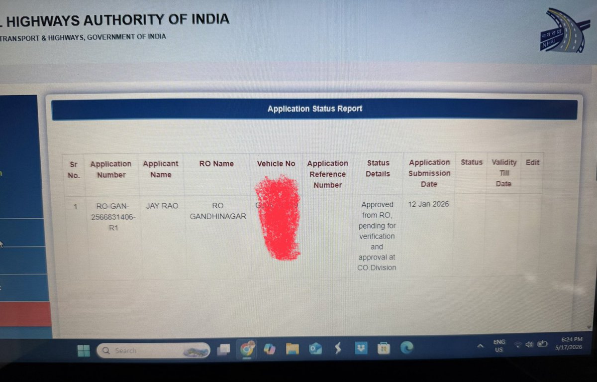 jayrao991's tweet photo. @NHAI_Official @nitin_gadkari  my application for exempted fast tag pending from long time  @socialpwds https://t.co/fxJs0B369N