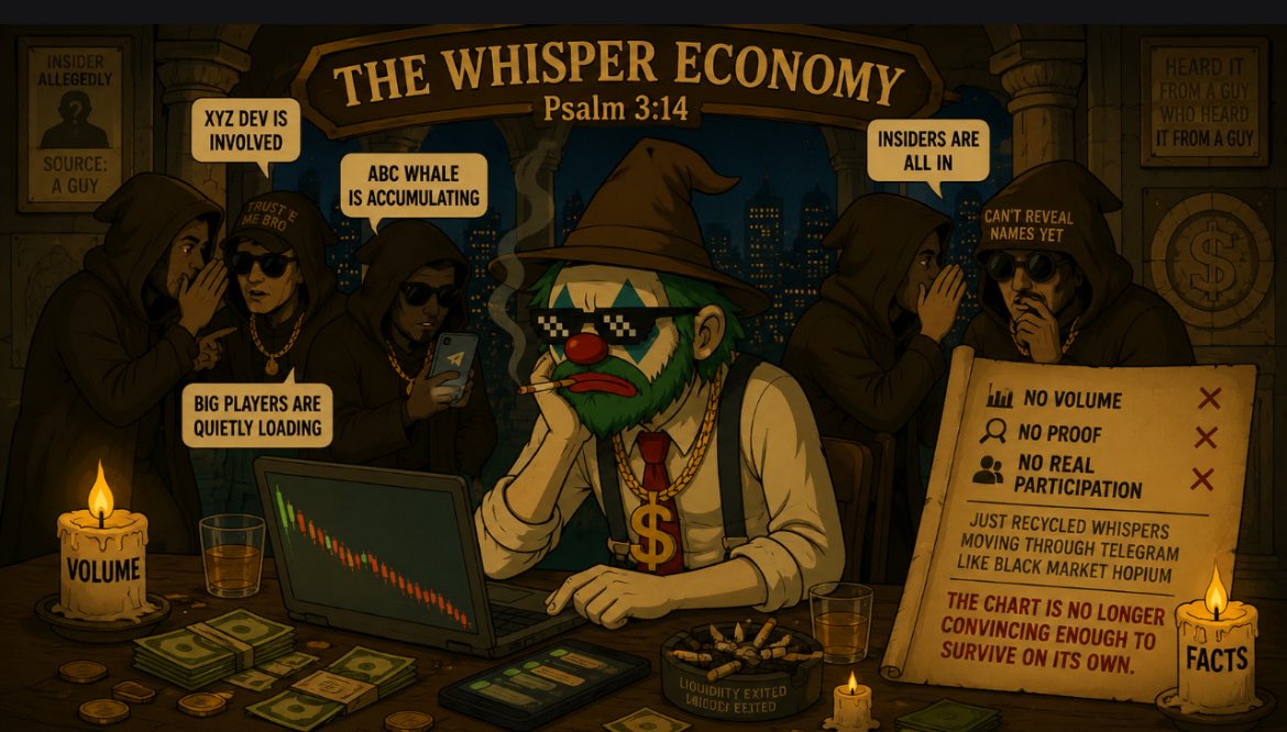 degenzio's tweet photo. 🤫THE WHISPER ECONOMY
Psalm 3:14

Have you noticed?

Some launches stop getting bought… then suddenly start getting explained.

“XYZ dev is involved.”
“ABC whale is accumulating.”
“Big players are quietly loading.”
“Can’t reveal names yet.”

No volume.
No proof.
No real participation.

Just recycled whispers moving through Telegram like black market hopium.

Most of the time it means one thing:

The chart is no longer convincing enough to survive on its own.