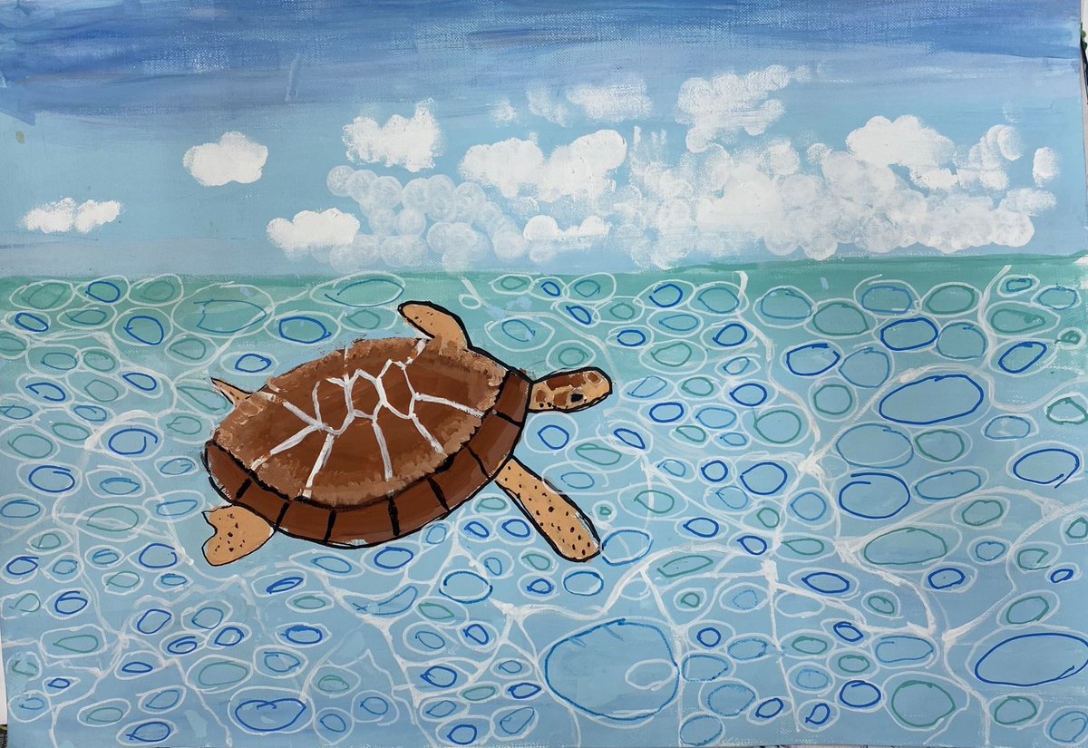 絵画、油彩、F6号、沖縄の2匹泳ぐ海亀、佐原聖春 きらきら輝く海を泳ぐウミガメ🌊🐢 透明感あふれる海の表現がとても