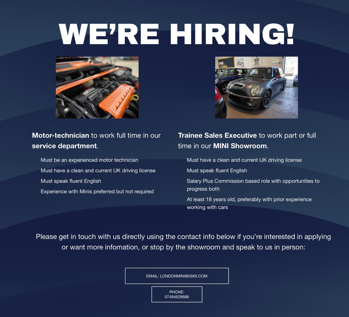 Londonmini1's tweet photo. 🔹WE’RE HIRING!

🔸We have two fatastic job opportunities available right now. We are looking for a motor-technician to work at our service department, and a sales assistant to work at our showroom. Get in touch for info…

https://t.co/K1kSGzfITl
Londonmini@gmx.com
07494628686 https://t.co/A07YVgg7g9