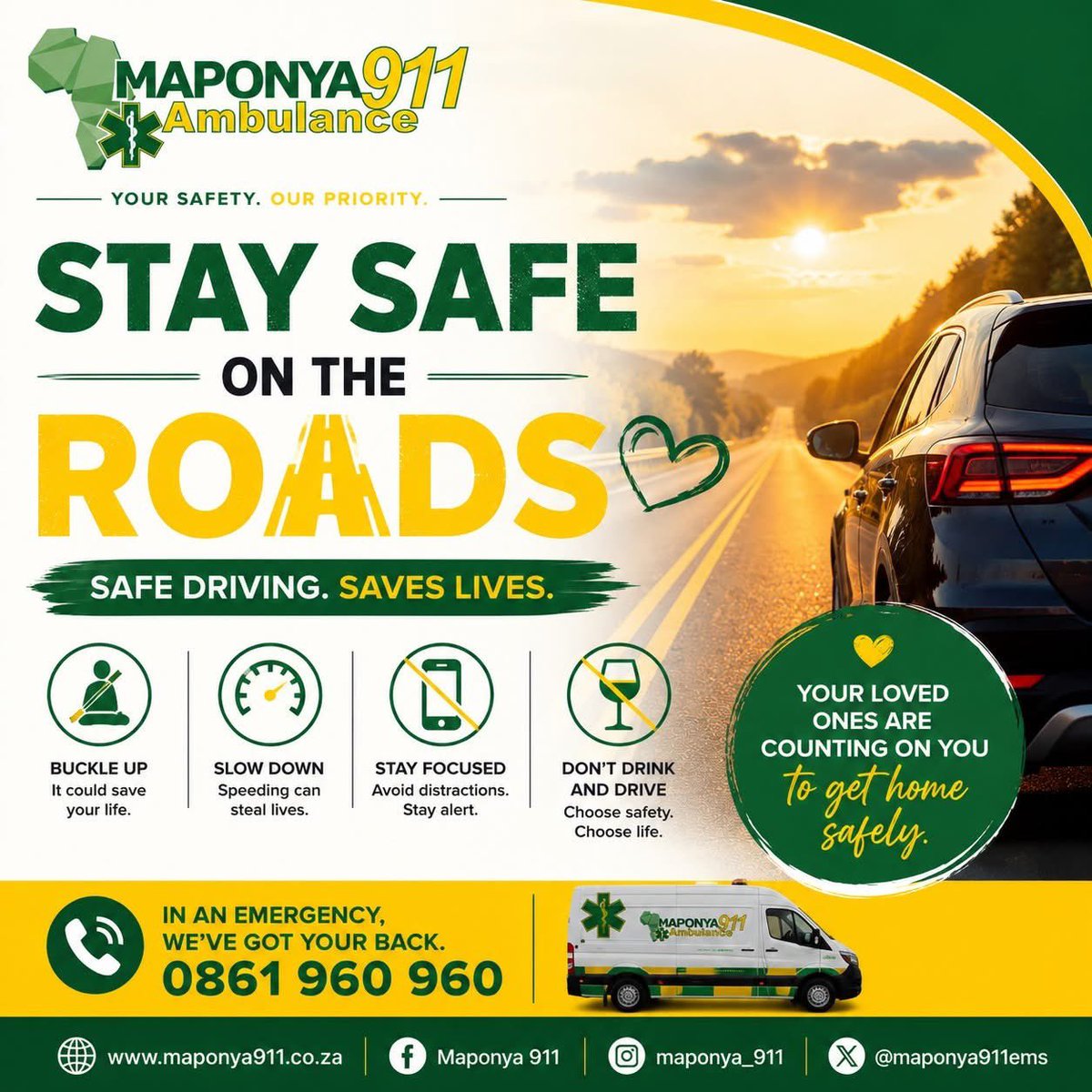 maponya911ems's tweet photo. Slow down, stay alert, buckle up, and never drink and drive.
Your loved ones are counting on you to get home safely. 💚💛
📞 Emergency Assistance: 0861 960 960
#RoadSafety #DriveSafe #Maponya911 #StayAlert #SafeDriving https://t.co/jIRLBtVarC