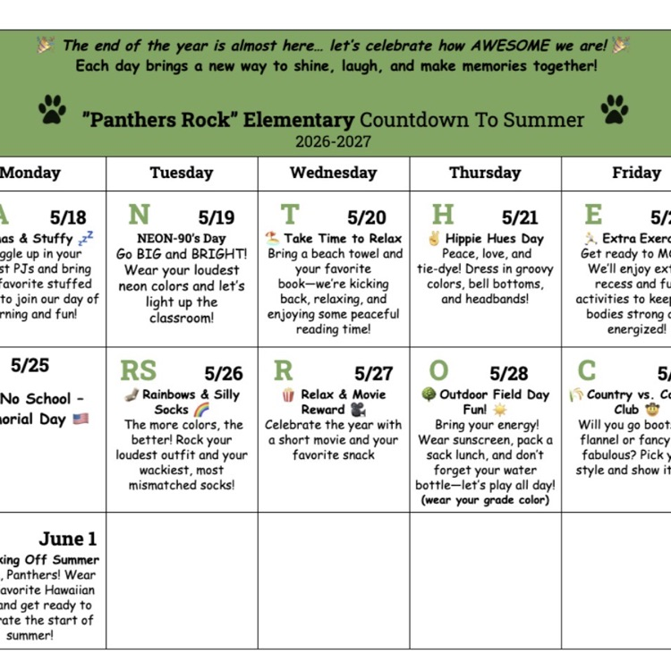 PrairieGrove46's tweet photo. Join us for our countdown to summer! Tomorrow starts with pajama day! Elementary families, please no stuffed animals at this time. Thank you for understanding! https://t.co/o9kjSDHomX