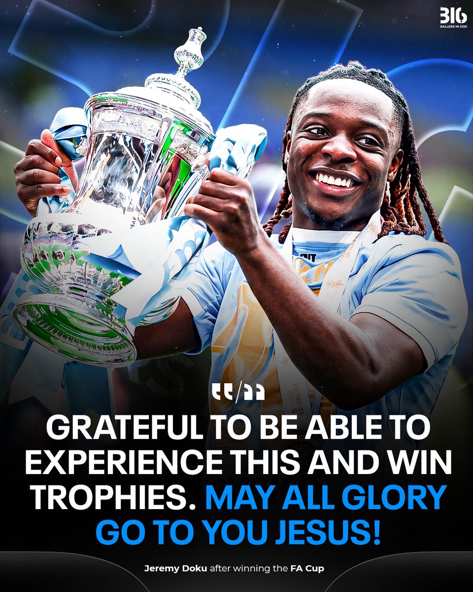 BallersinGod's tweet photo. Jeremy Doku lifting the FA Cup saying, “May all glory go to you Jesus.” https://t.co/IfGDslTTxO