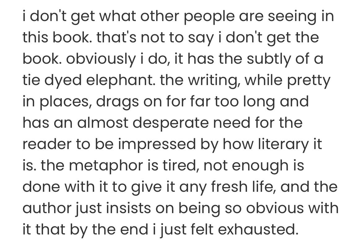madddddys's tweet photo. @mclrnshitposts @hollanovvs this is my storygraph review. basically, the author is horrified you might not understand how clever she is https://t.co/eQUmoK2pVG