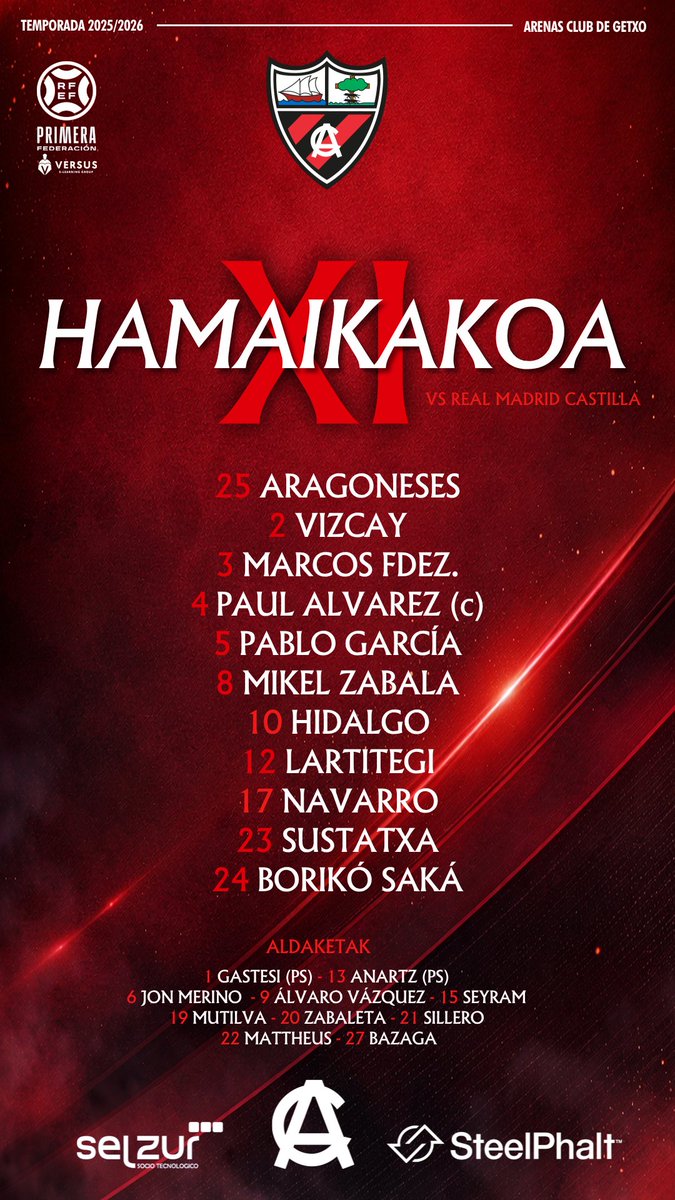 arenas_club1909's tweet photo. 1⃣1⃣ HAMAIKAKOA |  #RealMadricCastillaArenas

Este es el once con el que buscaremos la victoria esta tarde. GOAZEN ARENAS!                  

#AupaHistorico #ArenasClub
#Getxo #GetxoKirolak https://t.co/m2M3olSPOe