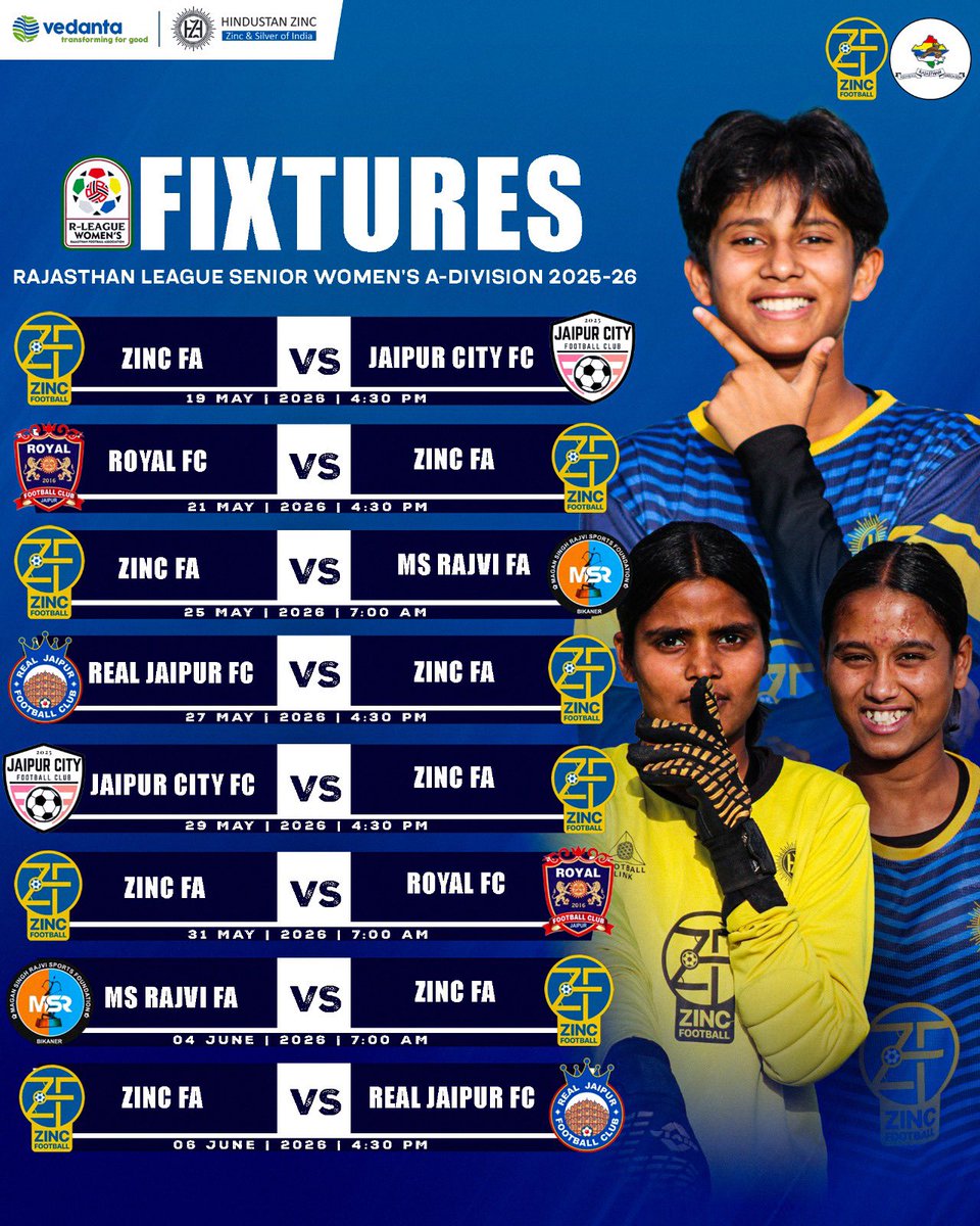 ZincFootball's tweet photo. The R-League Senior Women’s A-Division 2025-26 fixtures are out 🍿

This Monday, it begins. 8 matchdays in Jaipur 💙💛 We are ready 💪

#DeshKaSapnaGoalApna #IndianFootball #Rajasthan https://t.co/DRTiuPDwUO