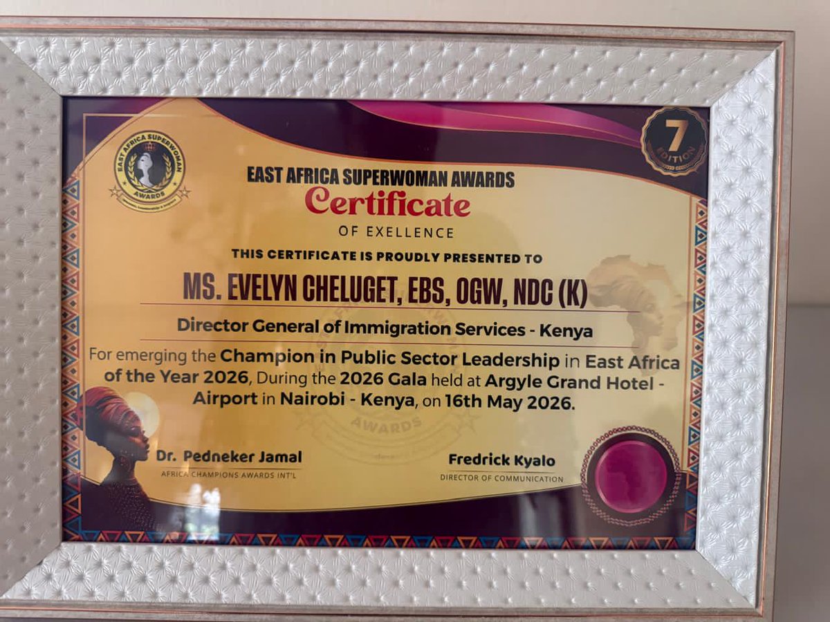 EvelynCheluget's tweet photo. Deeply honored to receive the East Africa Public Sector Leadership Champion of the Year 2026 Award during the East Africa Superwoman Awards. https://t.co/6NupFLXIal