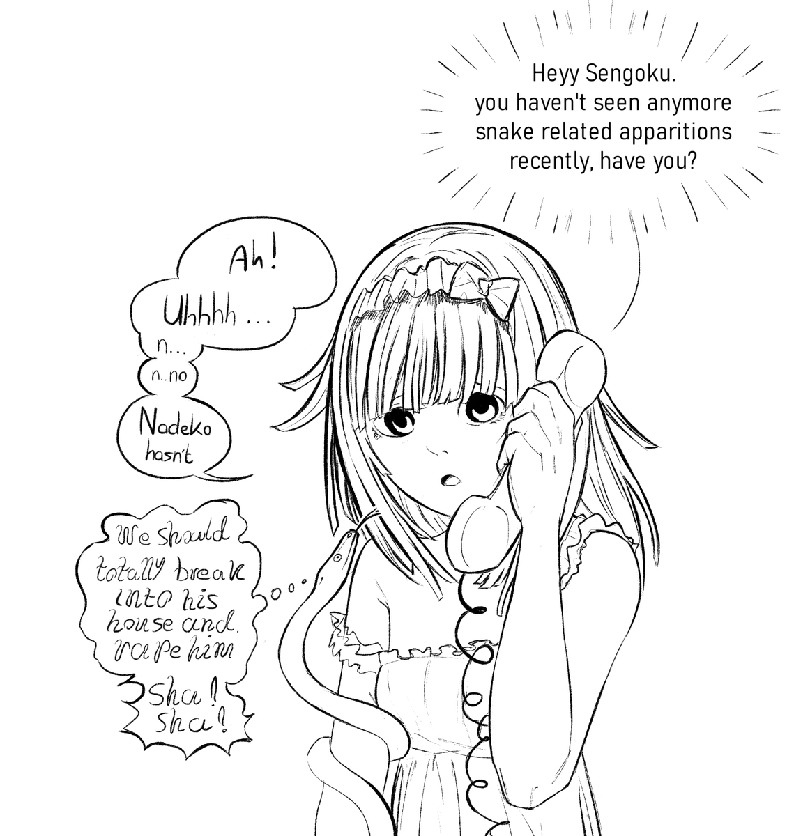 FuckodileC's tweet photo. Nadeko partakes in telecommunication. https://t.co/VgJtDgUwwe