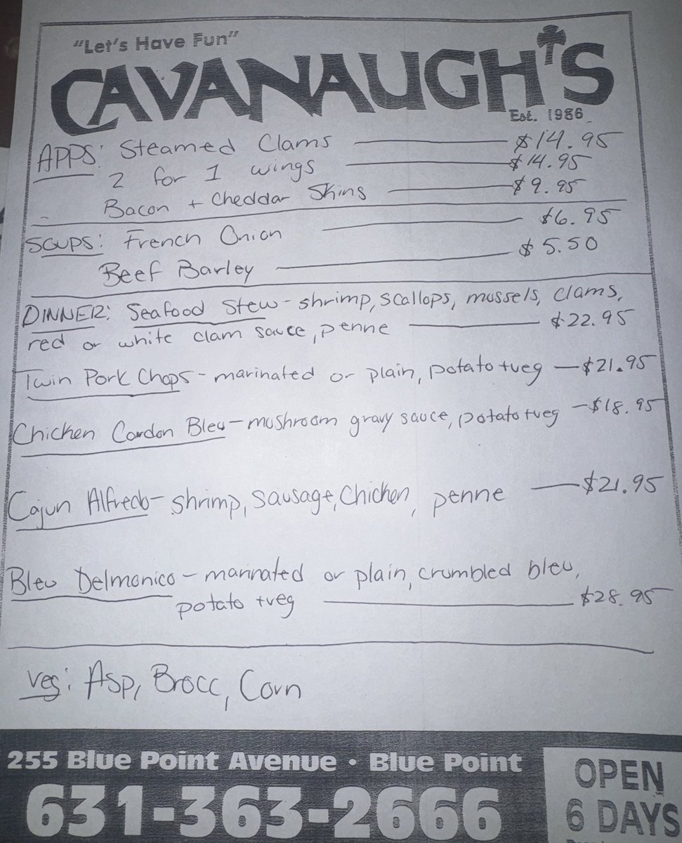 CavanaughsPub's tweet photo. Sunday Night Dinner Specials, Kitchen Serving Till 9:30pm. 
Sunday Always 2 for 1 Wings. #Cavs #BluePoint #Bayport #Cavanaughs #Wings #Beerofthemonth #Stella https://t.co/NK1vjRLQtz