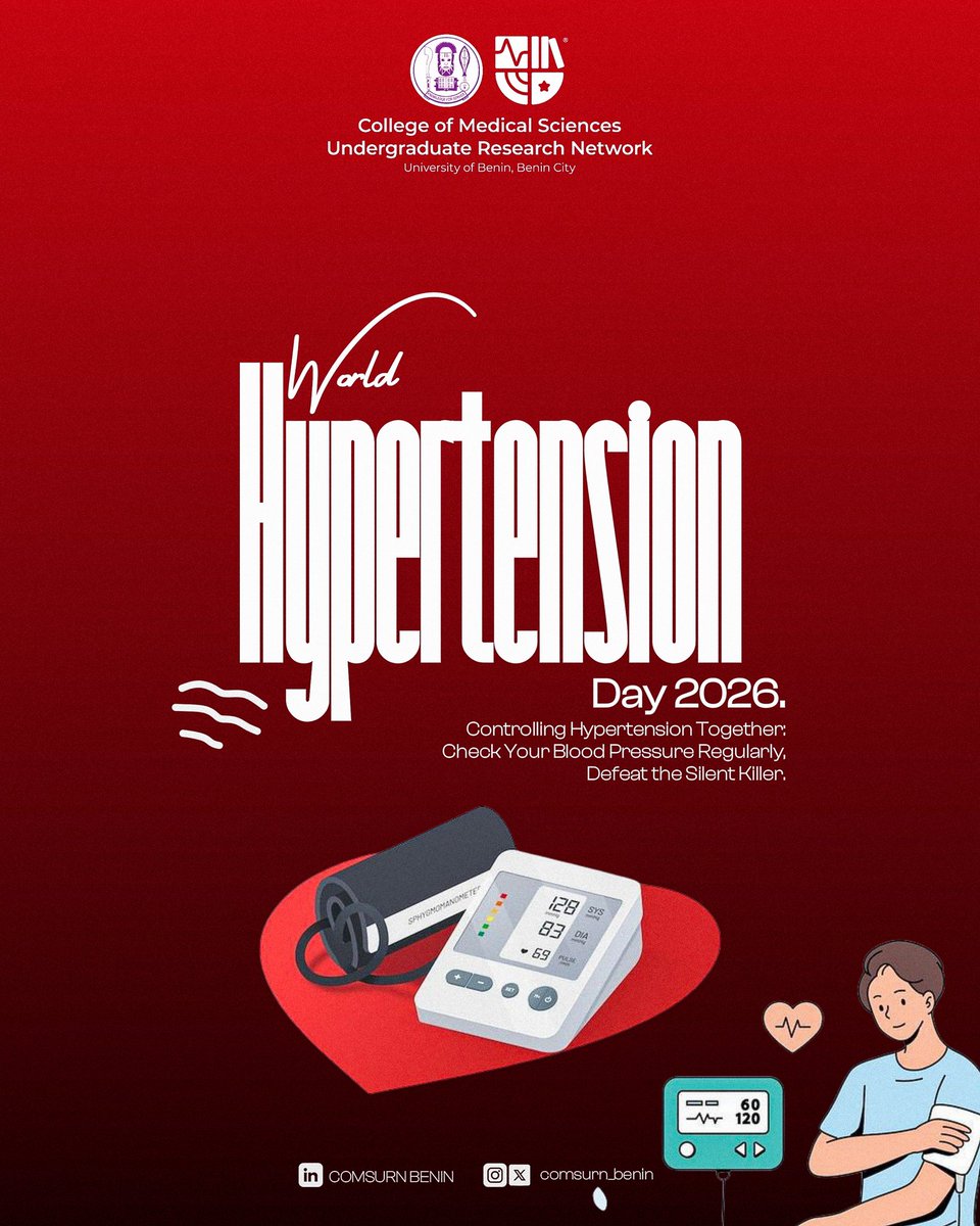 comsurn_benin's tweet photo. 🌍 World Hypertension Day 2026

Hypertension is the “silent killer.”

Check your blood pressure regularly, stay active, eat healthy, and protect your heart. 

Early detection saves lives. 🩺

#WorldHypertensionDay #HeartHealth #Hypertension #COMSURN https://t.co/K1SWFMSBCJ
