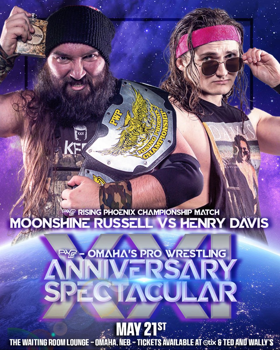 PWPLive's tweet photo. At PWP's 21st Anniversary Spectacular - THIS THURSDAY May 21st - at The @Waiting_Room Lounge in Omaha, NE:

**** MOONSHINE RUSSELL defends the PWP Rising Phoenix Championship against "HANDSOME" HENRY DAVIS!!! https://t.co/LT7NDxBY6C
