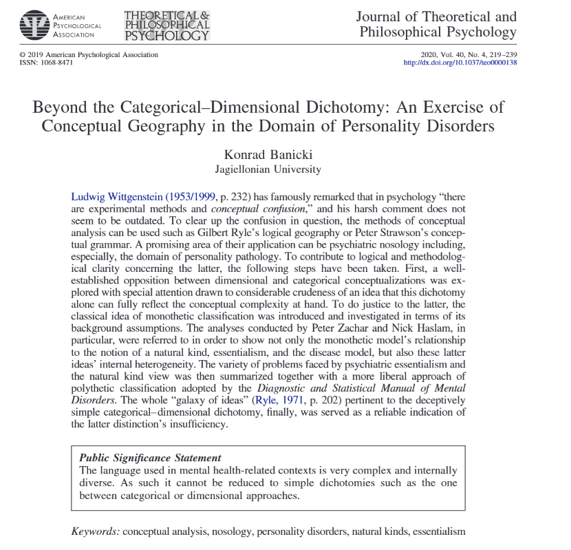 Castalia1981's tweet photo. In case anybody wants to take a look...

"Beyond the categorical–dimensional dichotomy: An exercise of conceptual geography in the domain of personality disorders"

https://t.co/ywyOFqFKaF

@AllenFrancesMD @awaisaftab @philpsychpsy @aapp_PhilPsych https://t.co/fjEmVbK09P