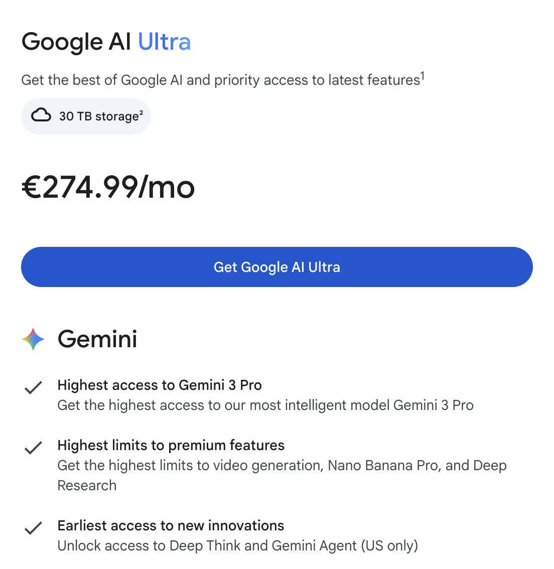 Google AI Ultra pricing page at €274.99/month showing 30 TB storage, Gemini 3 Pro access, and highest limits to premium features including Nano Banana Pro and Deep Research
