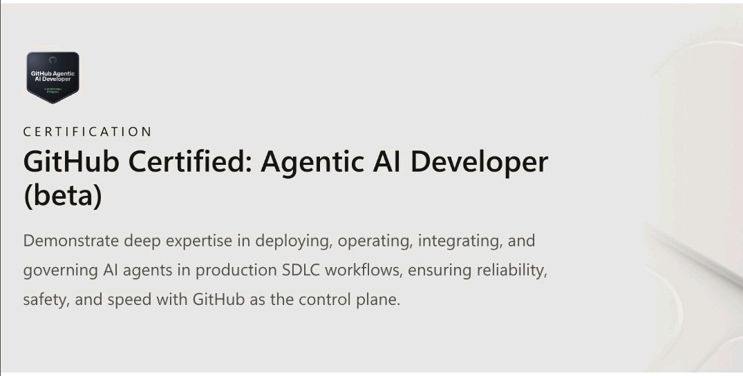 GitHub Learn certificate page showing the beta GitHub Certified Agentic AI Developer credential