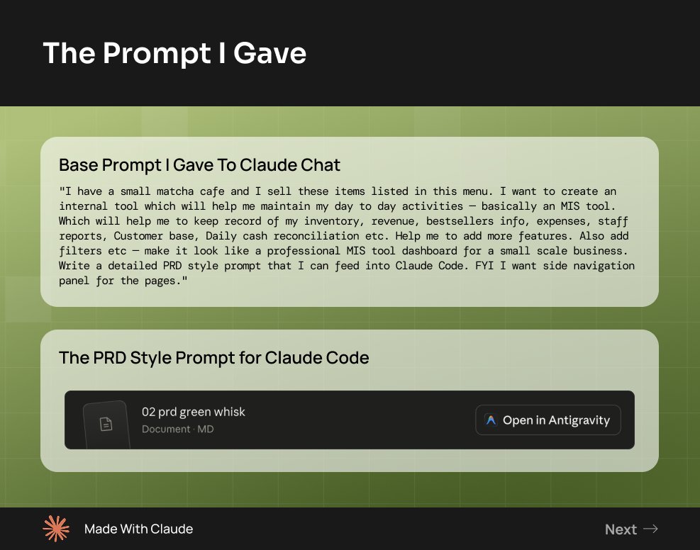 ashub8's tweet photo. T4
The whole thing started with one prompt in claude chat. no spec, no figma — just plain English.
the PRD it wrote back became the base for claude code.

Try it yourself 👇 🔗 https://t.co/9HHhLl96Zs https://t.co/M6xgHkvils