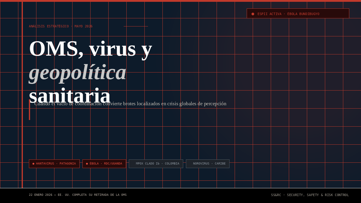 wwwse_y_cr_com's tweet photo. ⚑ LO QUE EL VACÍO HACE: TRES EFECTOS ESTRATÉGICOS

La retirada de EE. UU. de la OMS no causa ninguno de estos brotes. Pero actúa como multiplicador de daño a través de tres mecanismos:

1️⃣ REDUCE EL MÚSCULO OPERATIVO GLOBAL
Menos financiación + menos personal técnico + menor integración entre laboratorios = más latencia en activar respuestas, más fricción para compartir datos en tiempo real, menor capacidad de sostener operaciones en países frágiles. El daño no es inmediato. Es acumulativo. Se nota cuando el tiempo importa.

2️⃣ ABRE ESPACIO A ACTORES CON AGENDAS
China, fundaciones privadas, farmacéuticas, bloques regionales. Ninguno es neutral. La salud global pasa a ser terreno de influencia geopolítica donde cada vacuna, cada protocolo y cada declaración de emergencia es también un movimiento estratégico.

3️⃣ CONVIERTE CADA BROTE EN MUNICIÓN NARRATIVA
Para unos, la OMS exagera para justificar su financiación. Para otros, EE. UU. demuestra irresponsabilidad. Para terceros, es prueba de que el sistema internacional está roto. En ese espacio de fragmentación, la desinformación mata tan eficazmente como el patógeno.
━━━━━━━━━━━━━━━━━━
Para los profesionales de seguridad: esto no es un problema solo sanitario.
Es un problema de inteligencia operacional. La monitorización de alertas OMS, ECDC y GOARN, los protocolos de bioseguridad en instalaciones con alta concentración de personas, la comunicación de riesgo bajo incertidumbre y el análisis OSINT de brotes emergentes son ya competencias básicas para cualquier responsable de seguridad con exposición internacional.

La seguridad sanitaria no se analiza solo con bata blanca. Hay que mirarla con mapas, puertos, inteligencia, economía y comunicación estratégica.

El virus mata...Pero el vacío de coordinación también.

📄 Informe completo con cronología, marco de análisis y recomendaciones operativas:
🔗 https://t.co/HfvOo0cg1y
#GeopoliticaSanitaria #Seguridad #OMS #InteligenciaSanitaria #Bioseguridad #OSINT #GestionDeRiesgos