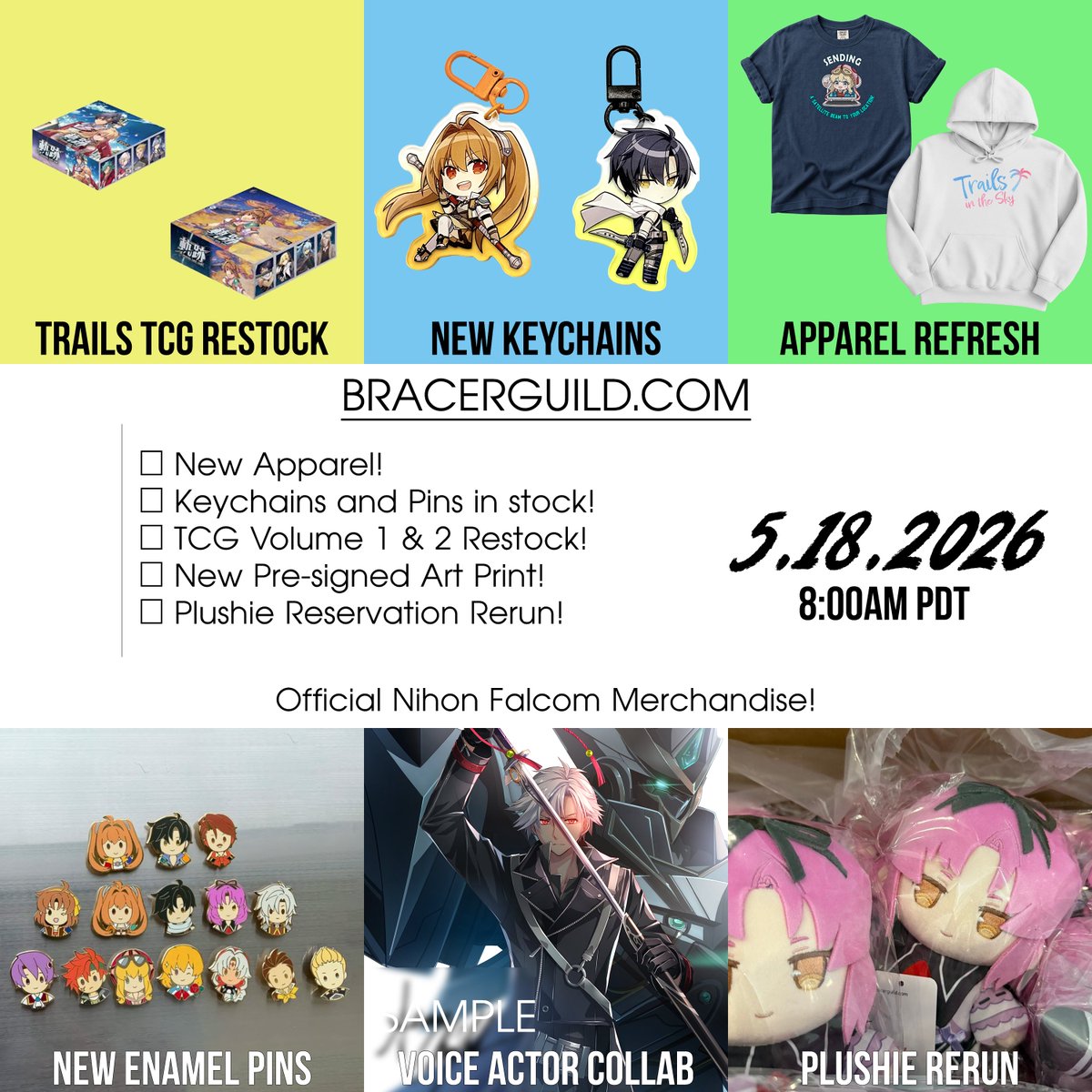 BracerGuildShop's tweet photo. Guild Loot Summer Refresh Part 1 launches Monday!

■ New Trails apparel
■ 15 enamel pins
■ TCG restocks
■ Plushie reruns
■ New signed print collaboration

We worked hard to prepare inventory for this one and hope everyone finds something they enjoy.

#Falcom
#軌跡シリーズ https://t.co/b5ipLlJq6M
