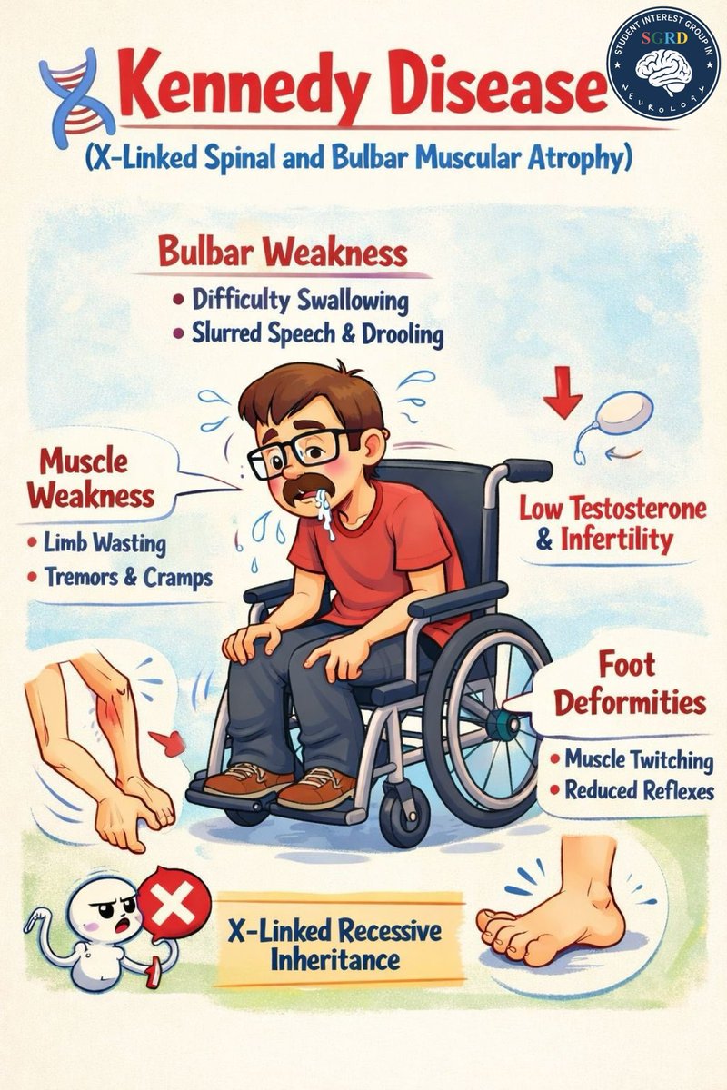SIGNSGRD's tweet photo. Kennedy disease, also called X-linked spinal and bulbar muscular atrophy (SBMA), is a rare inherited lower motor neuron disorder seen almost exclusively in males.Clinically, patients present in adulthood with slowly progressive muscle weakness, especially of proximal limb muscles, along with bulbar symptoms such as dysarthria, dysphagia, and tongue fasciculations. 
Other characteristic features include muscle wasting, cramps, tremors, reduced deep tendon reflexes, and signs of androgen insensitivity like low testosterone and infertility. The disease progresses gradually and is not rapidly fatal, which helps distinguish it from ALS.

Although Kennedy disease primarily affects lower motor neurons, it also involves the brain, especially the brainstem. Degeneration occurs in the motor nuclei of cranial nerves (IX, X, XII) located in the medulla, explaining bulbar weakness, slurred speech, and difficulty swallowing. 

In addition, mutant androgen receptors accumulate abnormally in neurons of the brain and spinal cord, leading to neuronal dysfunction and apoptosis. 
This combined spinal, bulbar, and central neuronal involvement gives Kennedy disease its distinctive clinical picture.