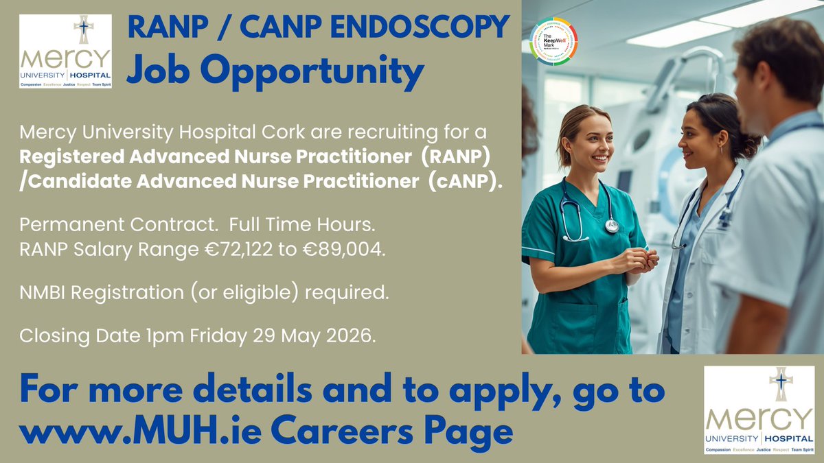DeeORiordan8's tweet photo. #EndoscopyNurses! @MercyCork (#CorkCity, Ire) is recruiting Reg Advanced Nurse Practitioner (#RANP) / Candidate #ANP (#cANP) – Endoscopy
For details & to apply: https://t.co/4KsPcuckCJ
#ClinicalEndoscopist #NurseJobsUK #NMBI #GINurseSpecialist #EndoscopyPractitioner #HSEJobs https://t.co/saVS2qvZxe
