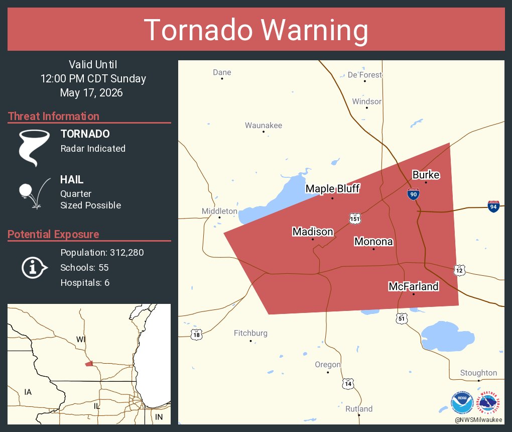 NWStornado's tweet photo. Tornado Warning continues for Madison WI, McFarland WI and  Monona WI until 12:00 PM CDT https://t.co/4pwIOCT9a0