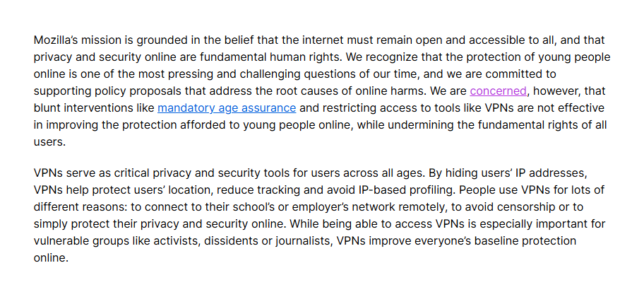 owenboswarva's tweet photo. Mozilla to UK regulators: VPNs are essential privacy and security tools and should not be undermined https://t.co/mmwpWZTfr3 post with submission to DSIT consultation

#OnlineSafetyAct #censorship #surveillance #childrights #openweb #techpolicy https://t.co/HEE7R4Hlrd