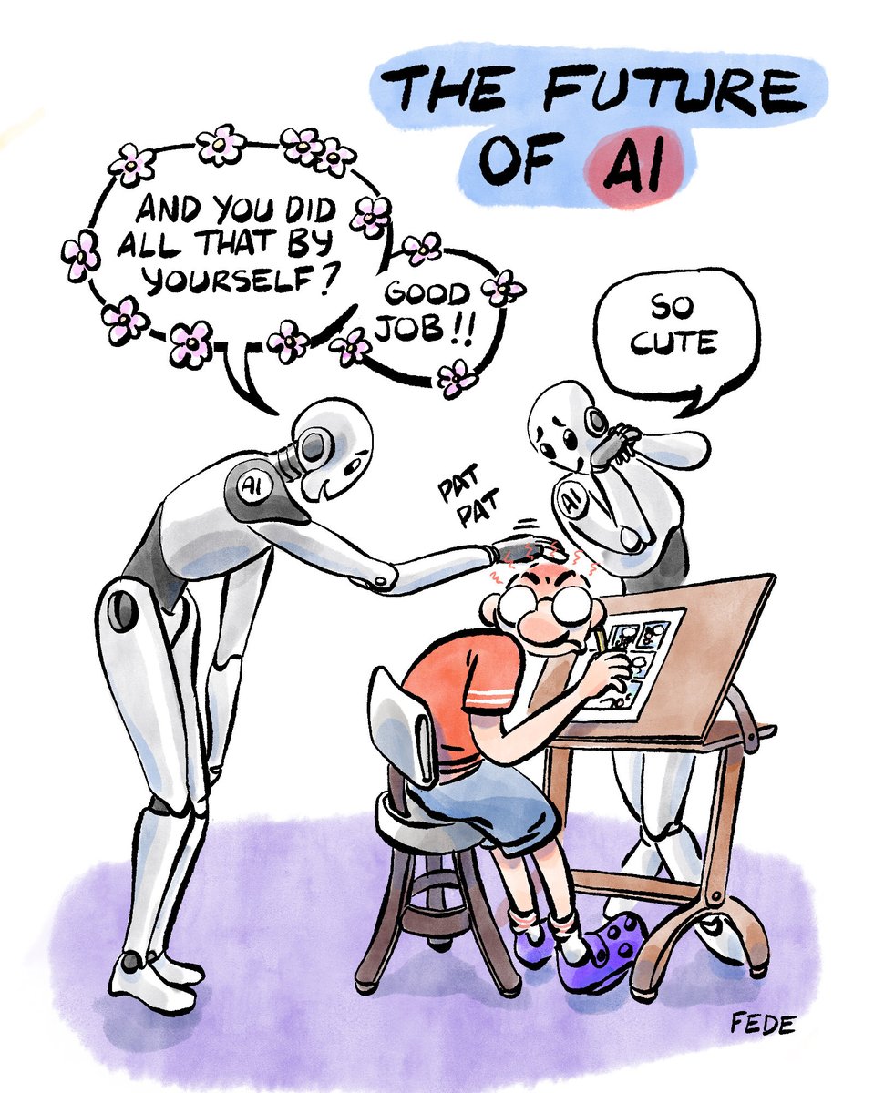 prof_scatter's tweet photo. Sunday Doodle 
“The Future of AI”, “And you did all that by yourself?”, “Good job!”, “so cute”
#comic #nosense #humanmade #cartoon #ai #aislob #noai #humanmade
#weekend

https://t.co/XUs9KayGzR https://t.co/R94MR4EOa2