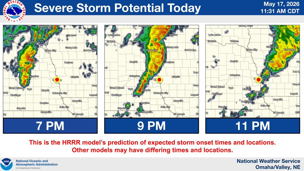 NWSOmaha's tweet photo. This is a morning run of one weather model. It reflects the general expected timing of storms as they push east tonight. The exact timing and locations of storm cells will be different. These storms will be capable of large hail, damaging winds up to 75+ mph, and tornadoes. https://t.co/HlH6ZxmTHM