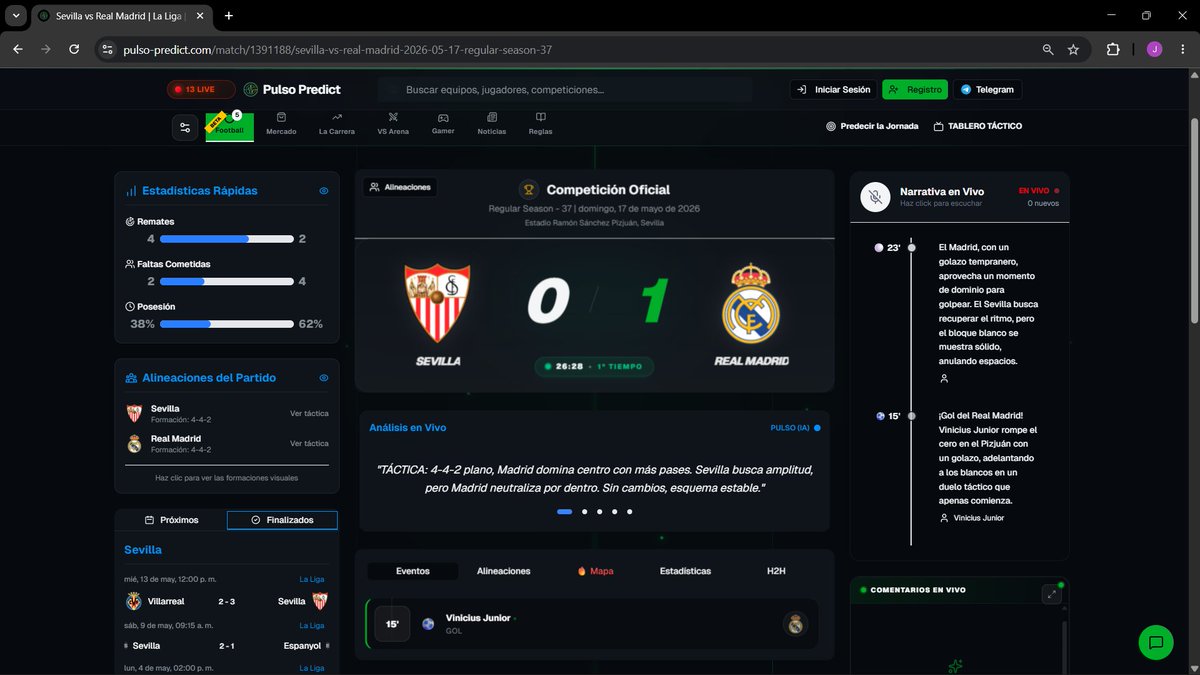 pulsopredict's tweet photo. ¡VINICIUS DESPIERTA AL MADRID! 🔥
0-1 al 26'. Vinicius Junior anotó al 15' con un golazo. Madrid domina con 62% posesión y bloque sólido. Sevilla busca reaccionar en el Pizjuán.
¿Aguanta el Madrid o empata el Sevilla? 👇
⚽🤖💚 https://t.co/NBISqytj1s
#Sevilla #RealMadrid #LaLiga #Vinicius