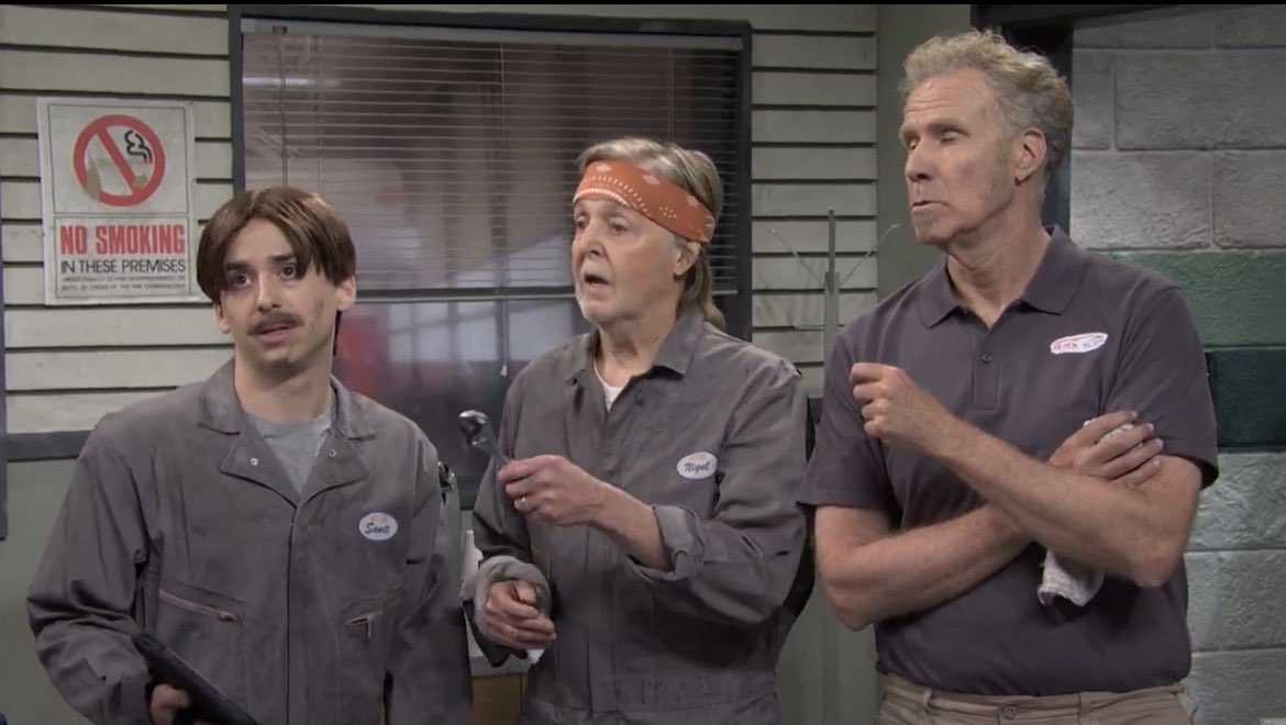 RadioBoySean's tweet photo. Paul McCartney reportedly turned down a Netflix roast but agreed to be in a mechanics sketch on #SNL that gets “laughs” at the end with the line, “You can pay in ass” being repeated over and over.  🙄 https://t.co/I2nD4yU575