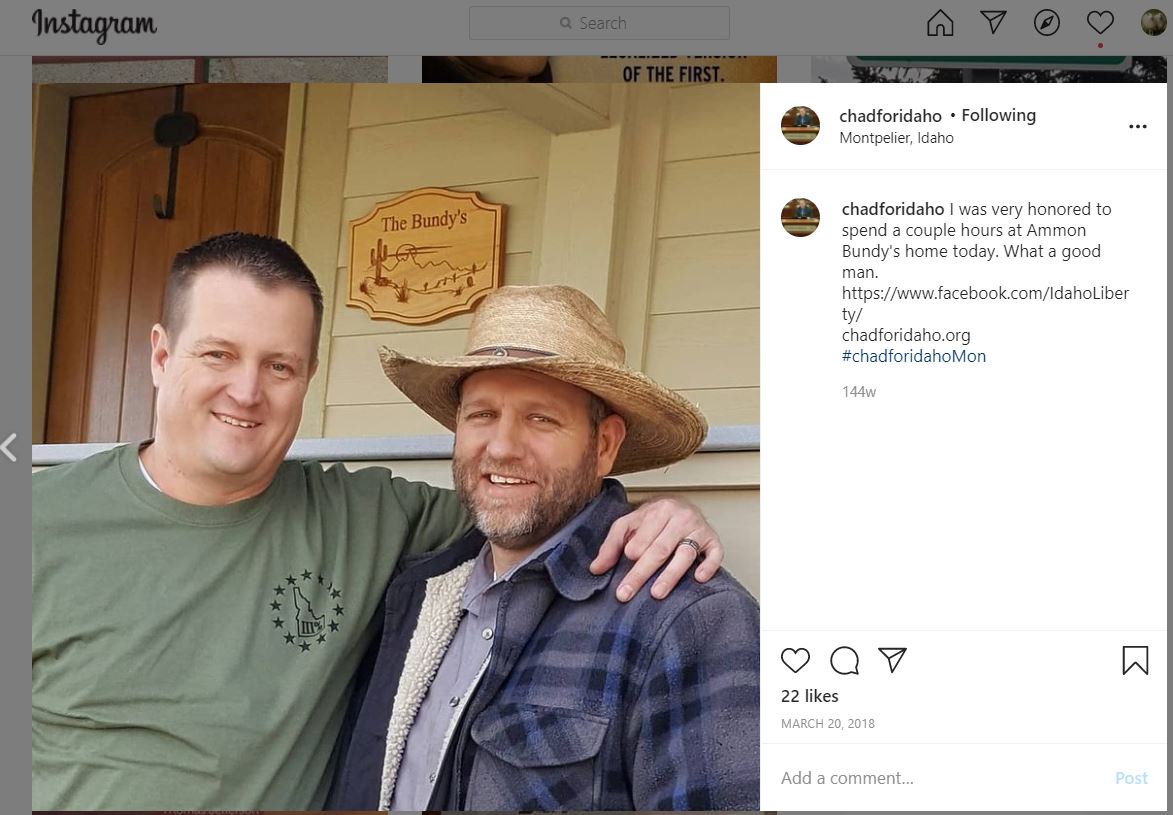 whitesheepranch's tweet photo. #MadChad wearing his Three Percenters t-shirt and loving it up with #AmmonBundy. He's a member of #OathKeepers, a far-right anti-government militia.

Vote for Mike Veile to keep #ChadChristensen out of the Idaho Legislature.
#idleg #idpol https://t.co/tXNs2iR9sn