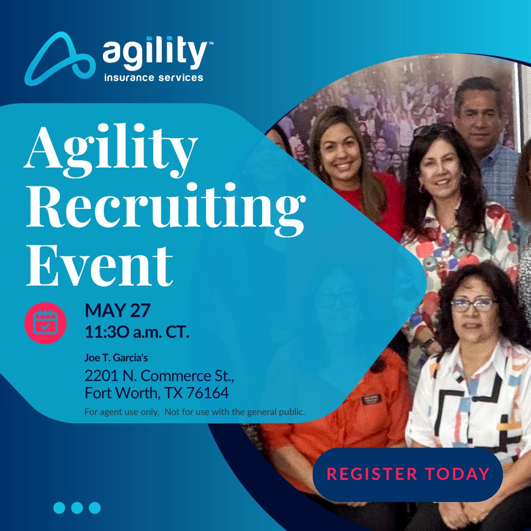 agilityfmo's tweet photo. Fort Worth agents, connect with a local FMO with statewide and national reach. Join Beverly Palacios on May 27 for an in-person Agility Recruiting Event covering ACA, Medicare, Life, and Ancillary. Reserve your seat today: https://t.co/NtpduTIhJb  

#InsuranceAgent https://t.co/4QmsUPTTnd
