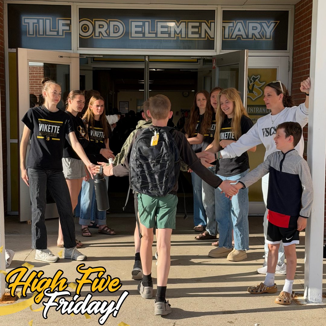 vsvikings's tweet photo. Out VSHS girls’ soccer team started our day off right with High Five Friday! They have had a great season so far and we wish them the best of luck in post season play! 🖤⚽️💛 https://t.co/y4NQW8gw0L