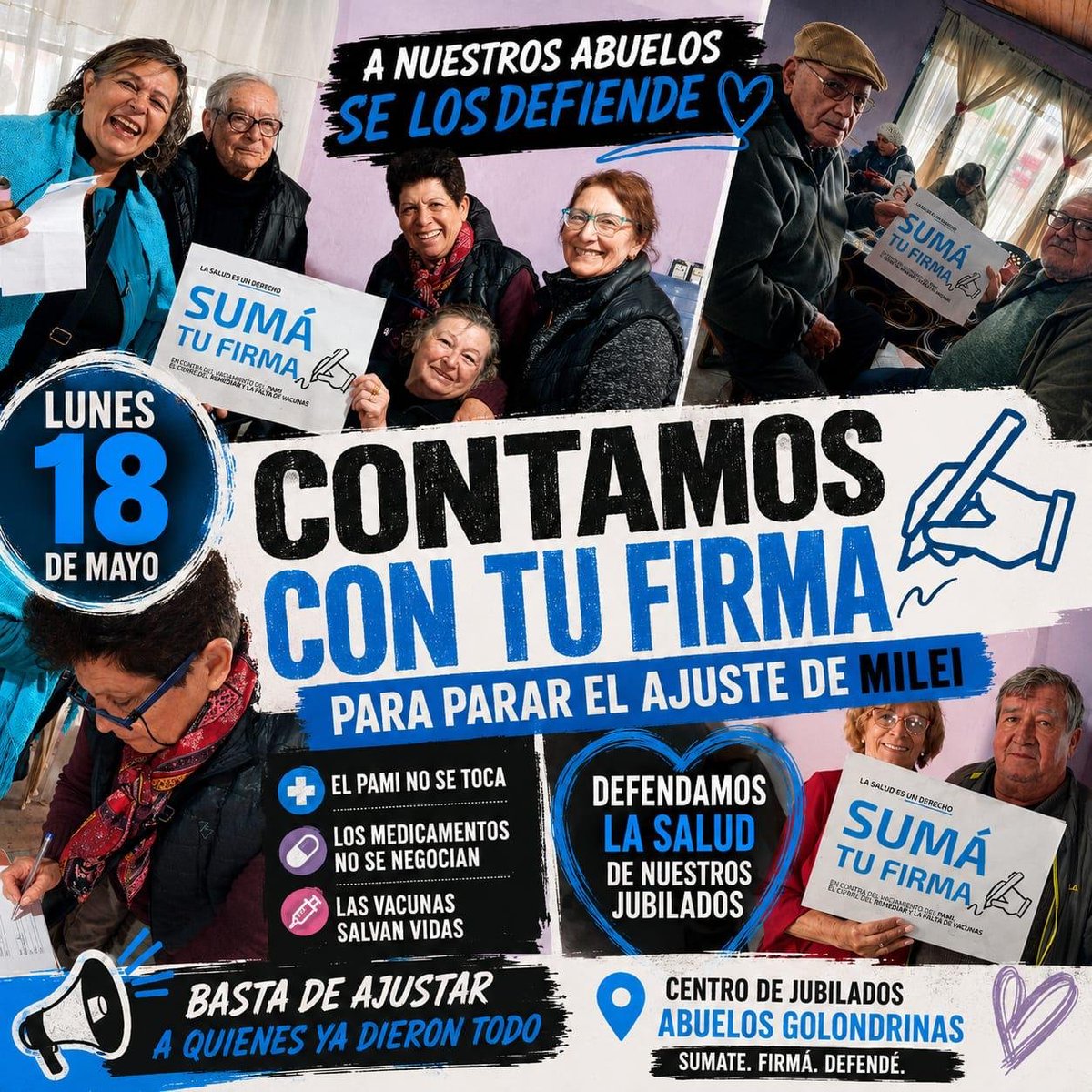 pqhescobar's tweet photo. 🏥 LA SALUD ES UN DERECHO 💉

Mañana lunes 18/05 vamos a estar juntando firmas para exigirle al gobierno de Milei que PARE DE AJUSTAR EN SALUD!

✅ Basta del vaciamiento del PAMI.
✅ NO al cierre del Programa REMEDIAR.
✅ Que vuelvan las VACUNAS

SUMÁ TU FIRMA - TE ESPERAMOS https://t.co/9iOftsEzS3